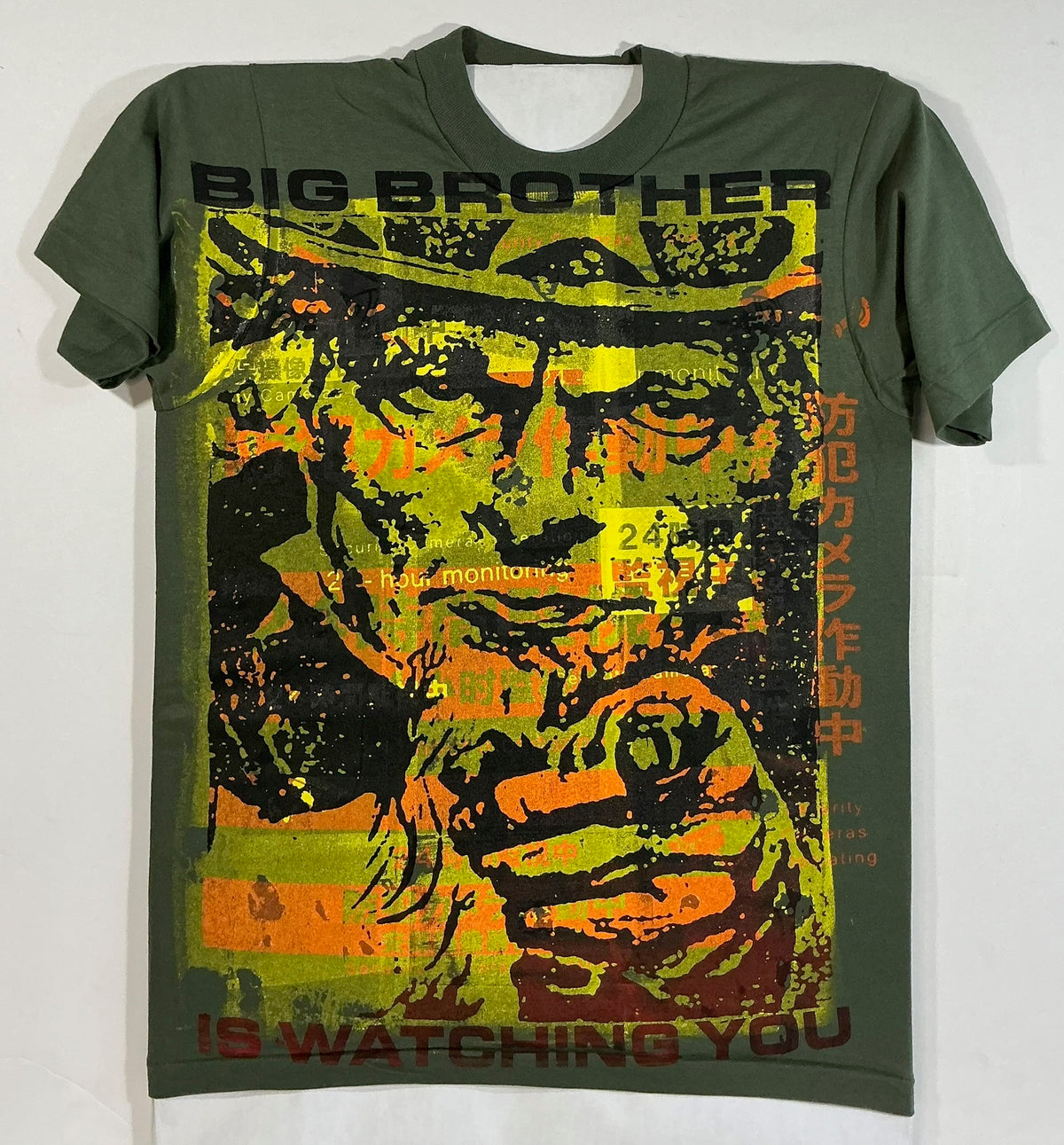 Big Brother Is Watching You t-shirt hand screen printed by Don Rock, green, front