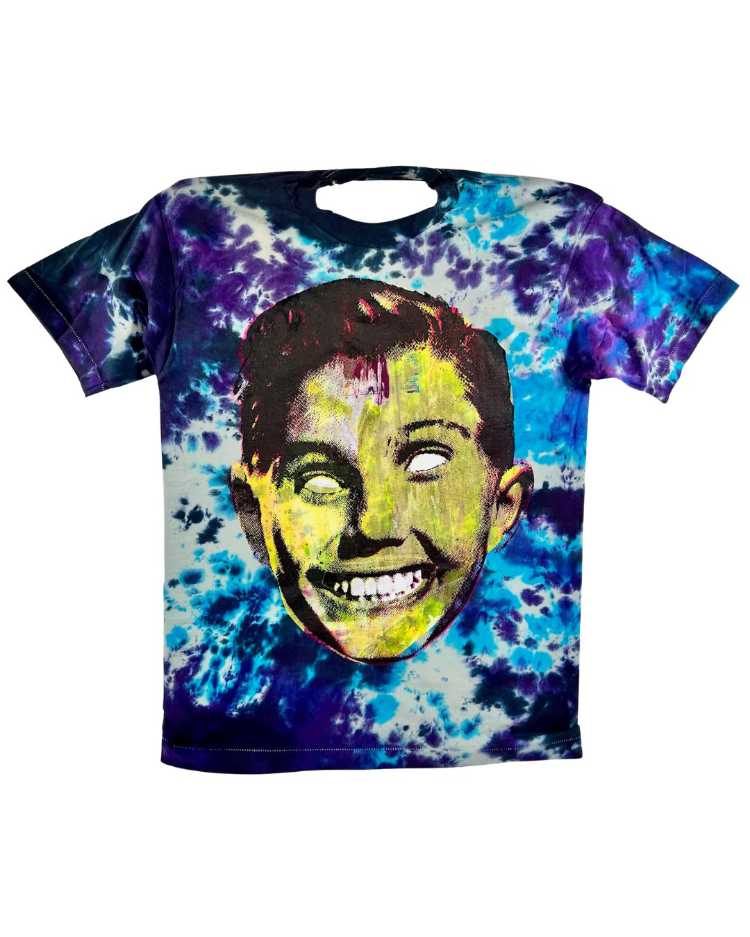 Don Rock Kid Face t-shirt, hand screen printed on a blue and purple tie dye vintage deadstock tee, front