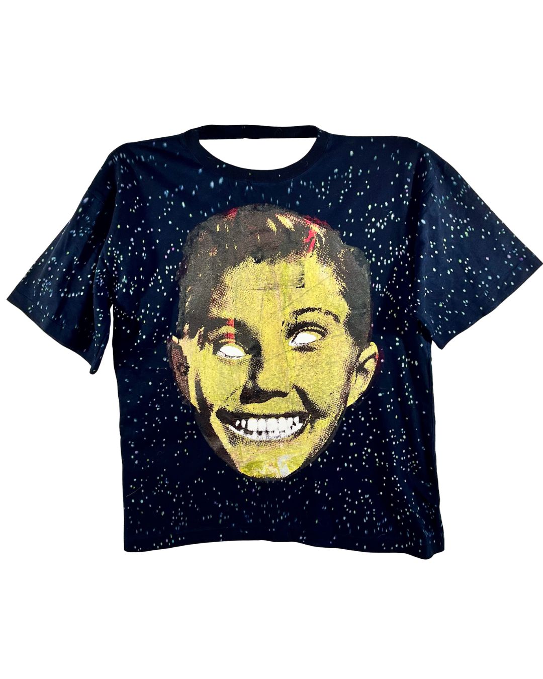 Don Rock Kid Face t-shirt, hand screen printed on a navy speckled vintage deadstock tee, front