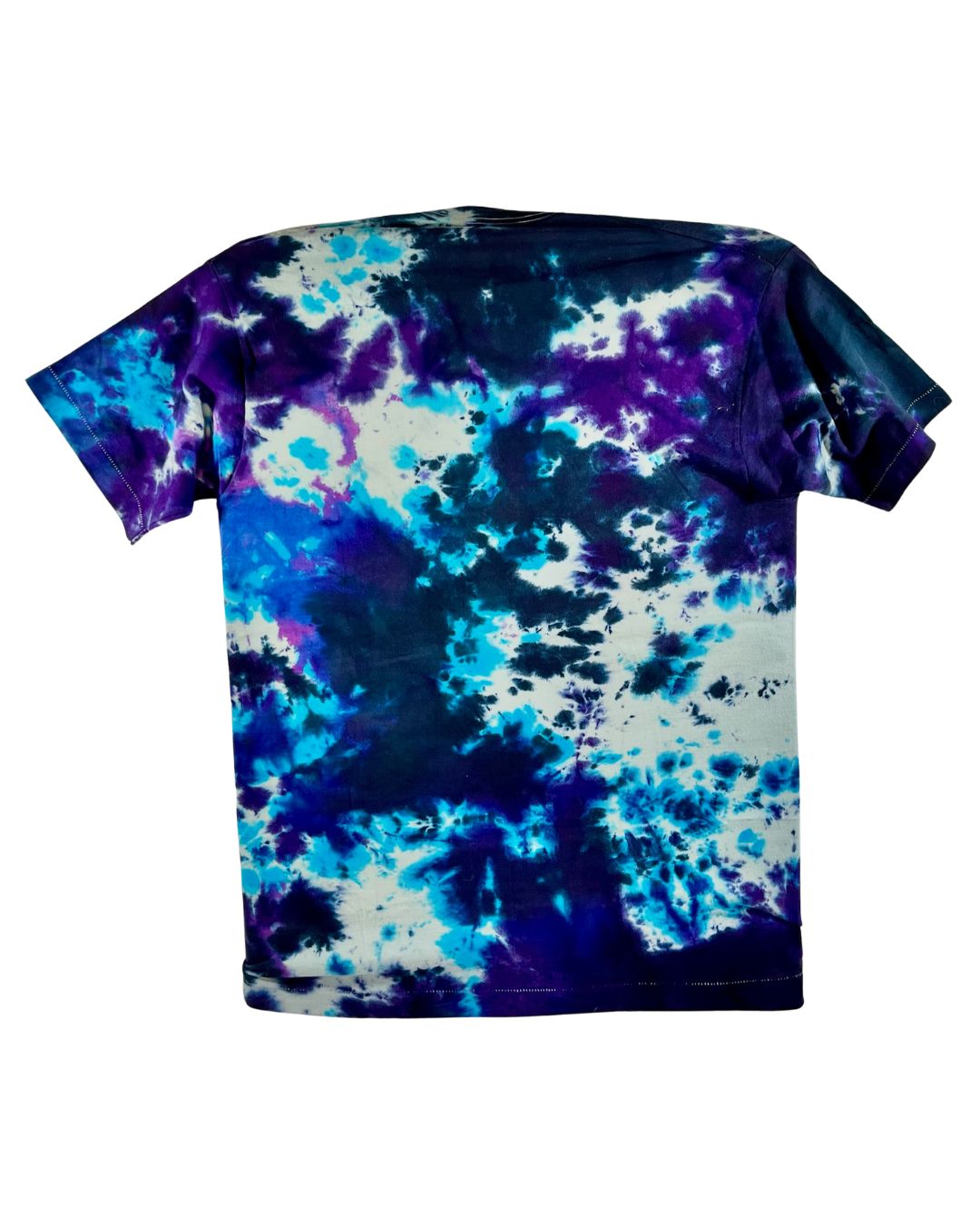 Back of Don Rock Kid Face blue and purple tie dye t-shirt